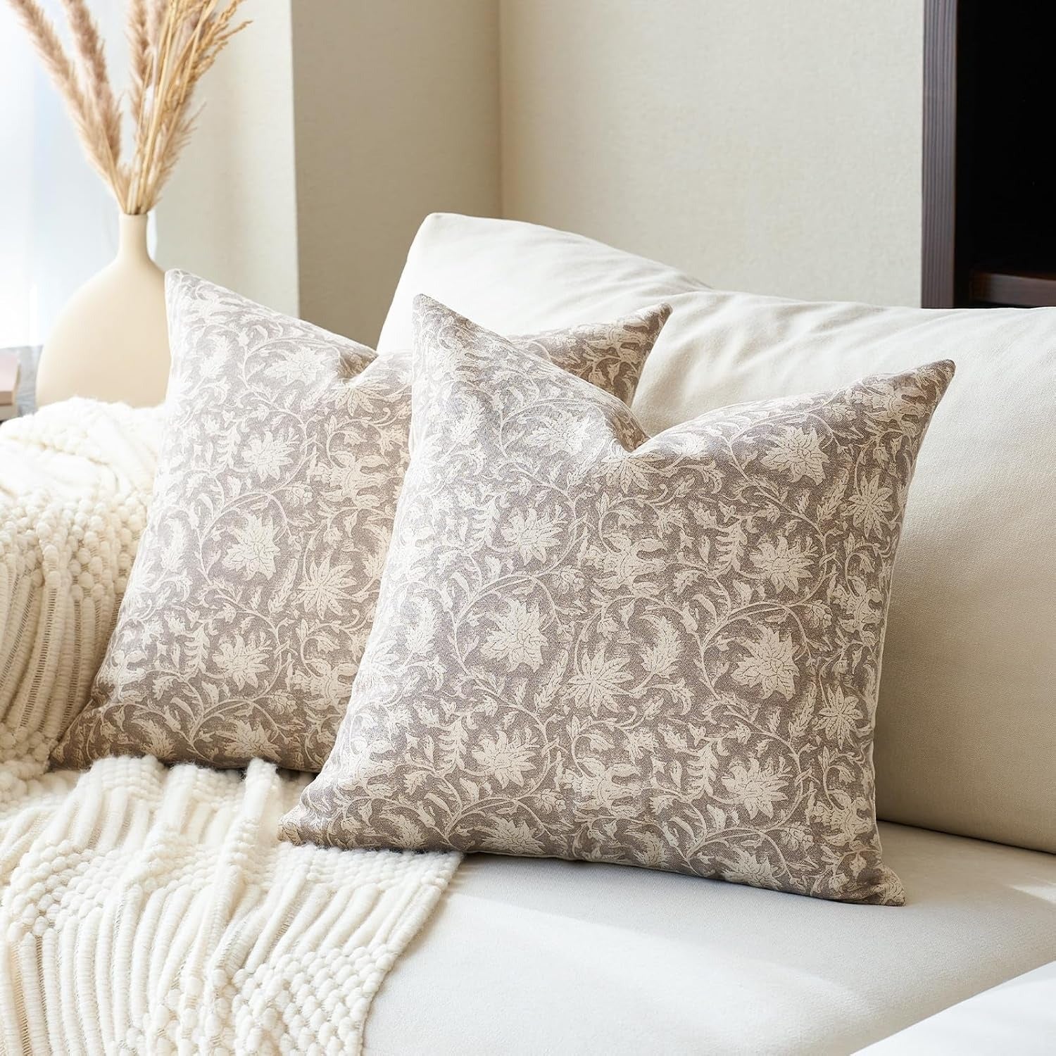 Taupe Grey Floral Pillow Covers, Set of 2