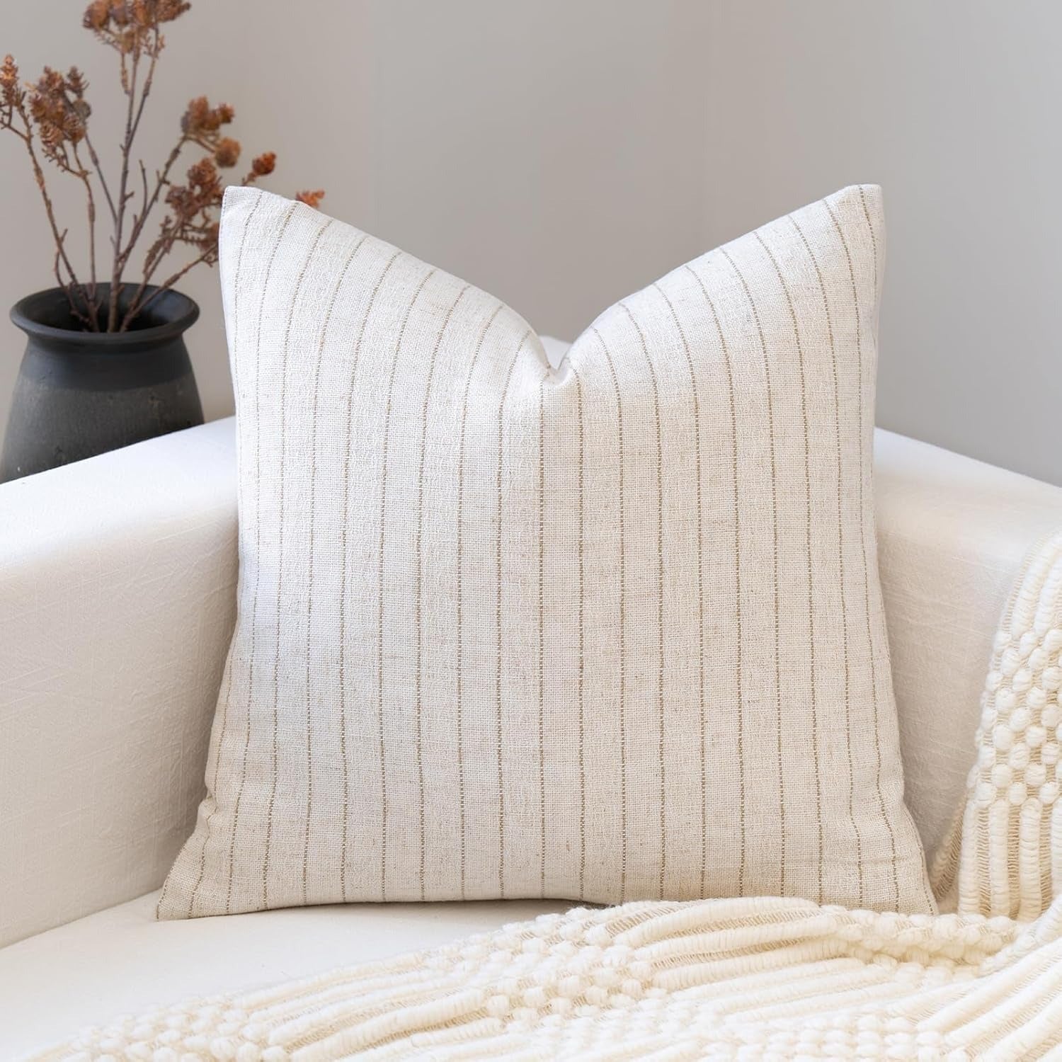 Neutral Farmhouse Cotton Stripe Throw Pillow Cover