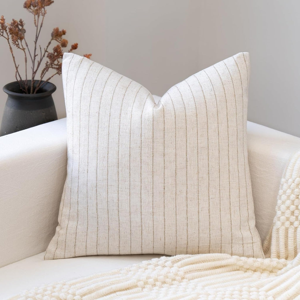 Neutral Farmhouse Cotton Stripe Throw Pillow Cover, Pinstripe