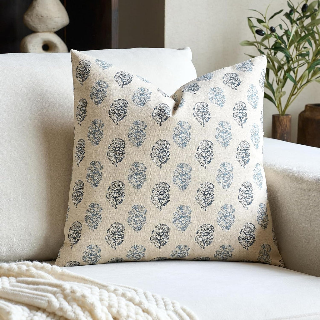 Aqua Blue Floral Block Print Pillow Cover