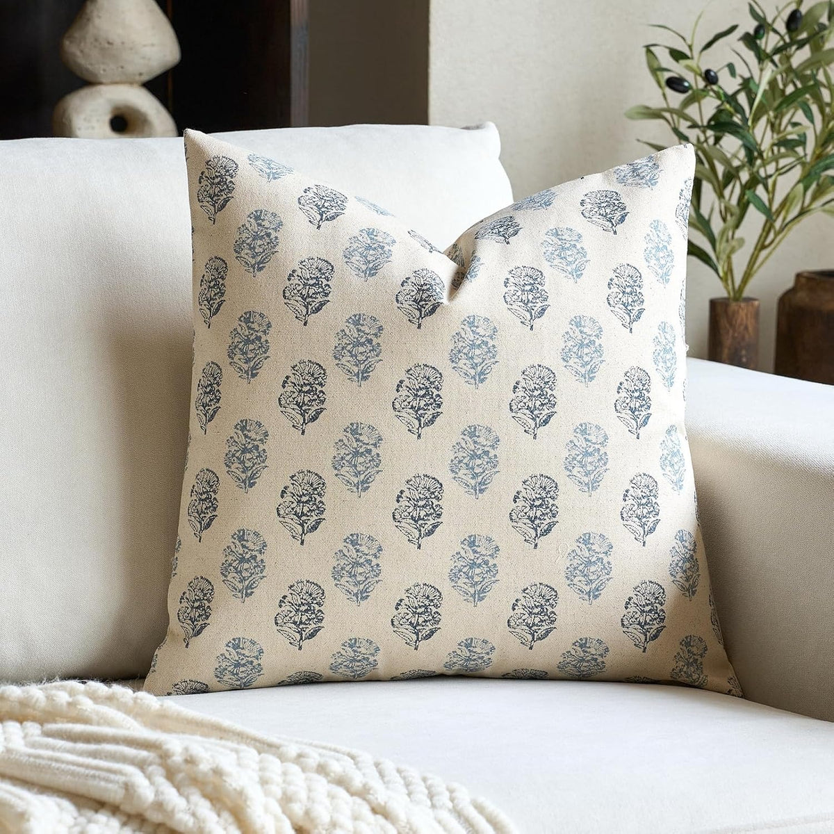 Aqua Blue Floral Block Print Pillow Cover