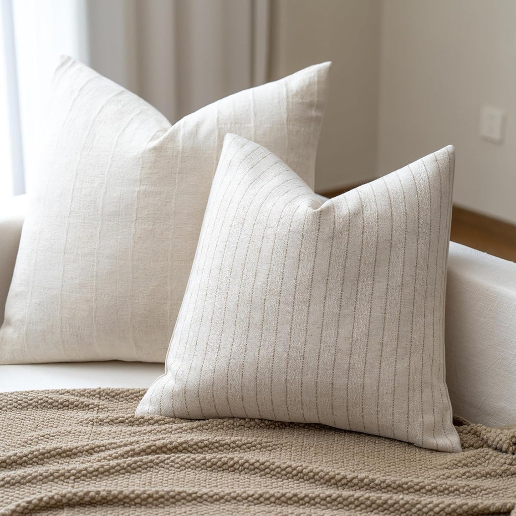 Neutral Farmhouse Cotton Stripe Throw Pillow Cover, Pinstripe