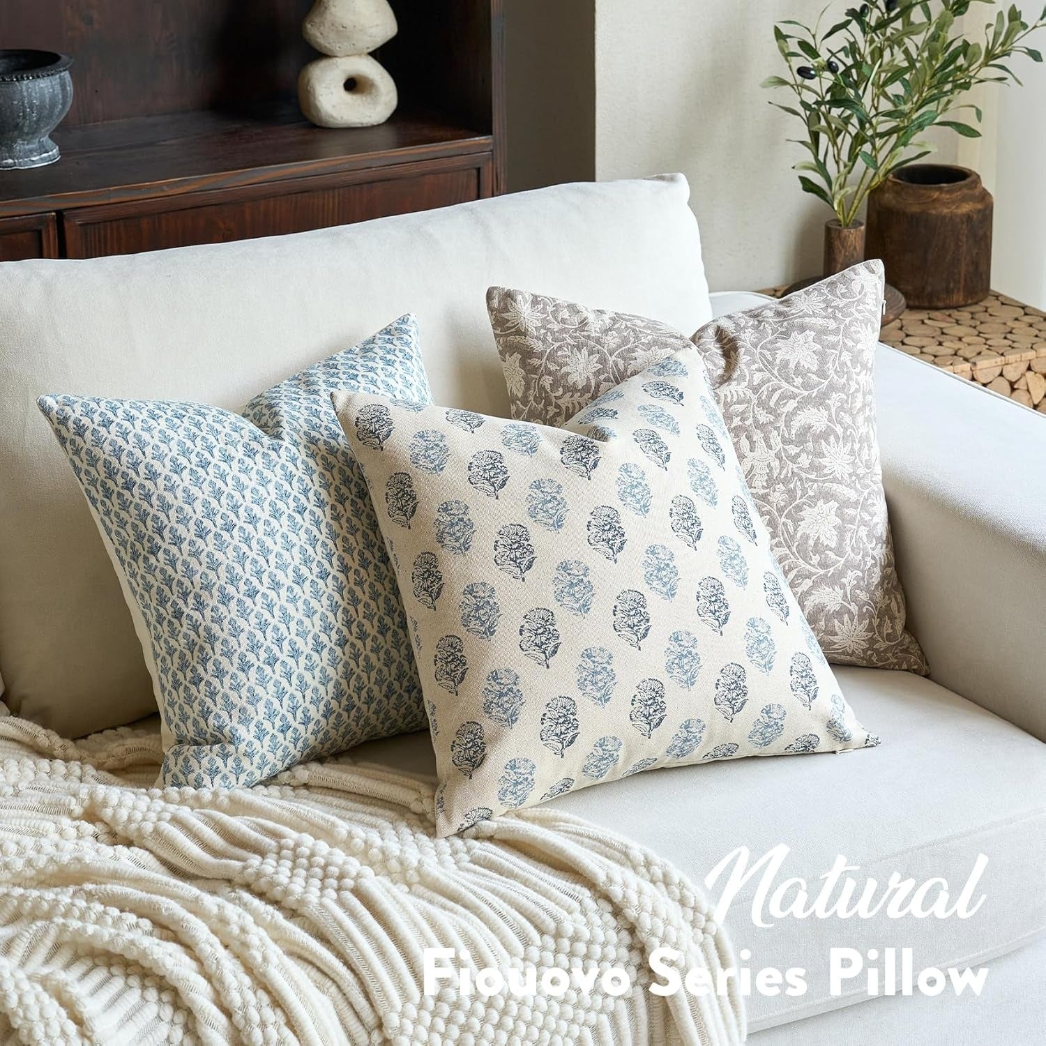 Aqua Blue Floral Block Print Pillow Cover