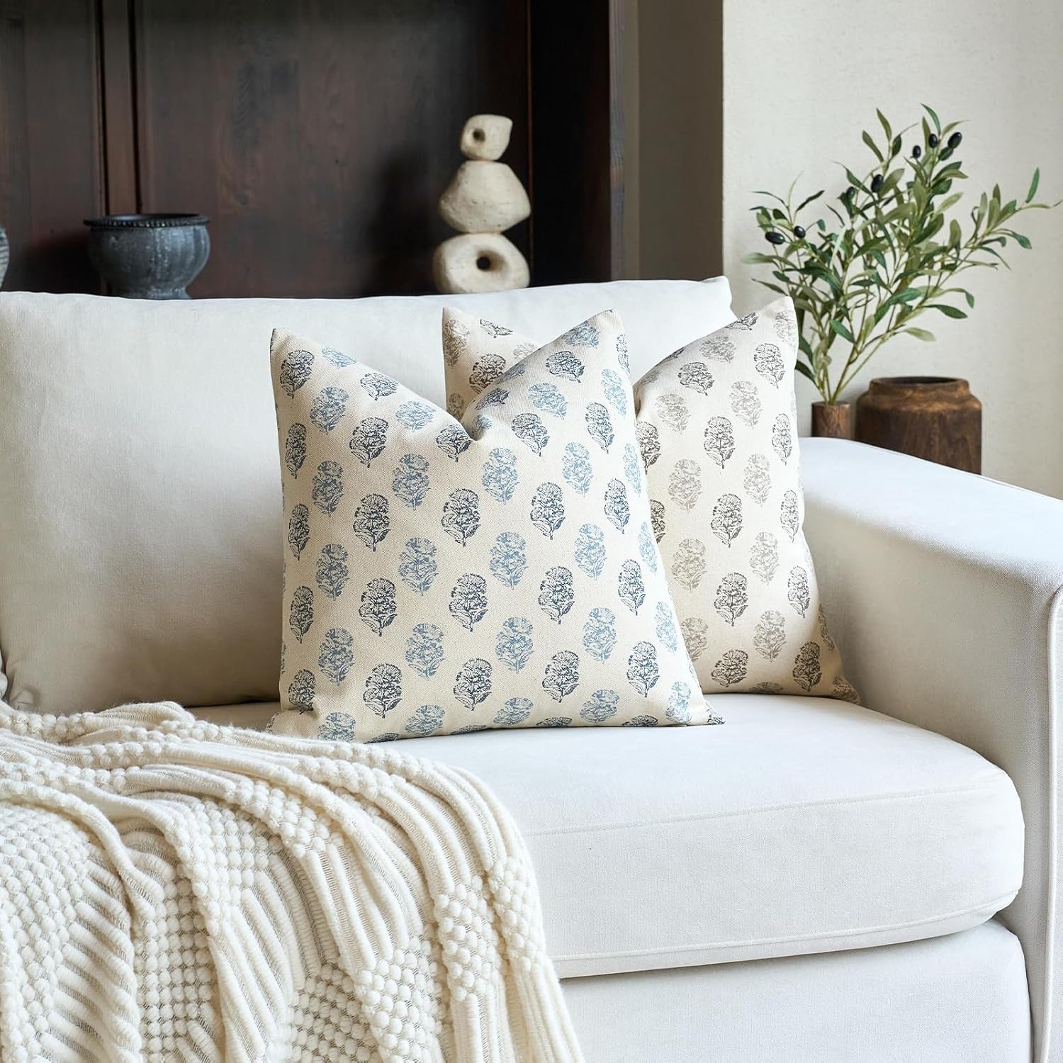 Aqua Blue Floral Block Print Pillow Cover
