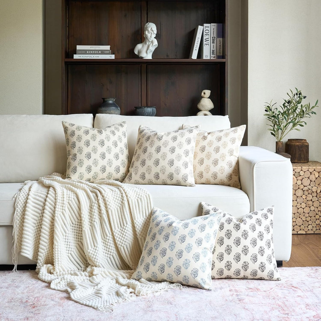 Aqua Blue Floral Block Print Pillow Cover