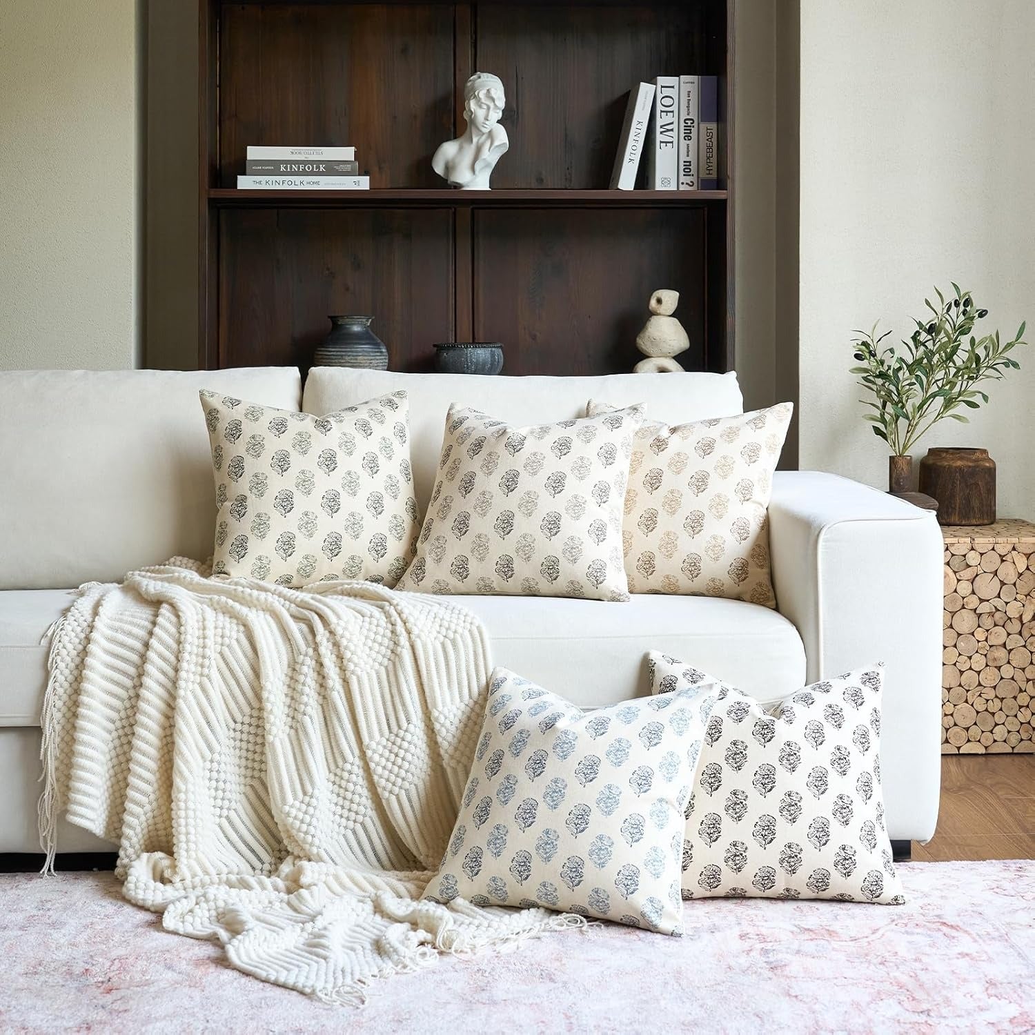 Aqua Blue Floral Block Print Pillow Cover